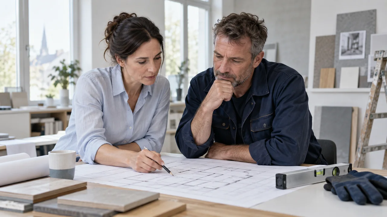 Planerin und Handwerker stimmen einen Bauplan an einem gemeinsamen Arbeitstisch ab.