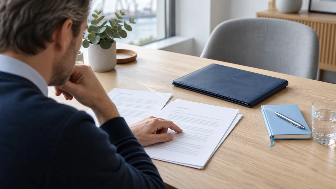 Unternehmer prüft Vertragsunterlagen und Notizen vor einer Unterschrift.