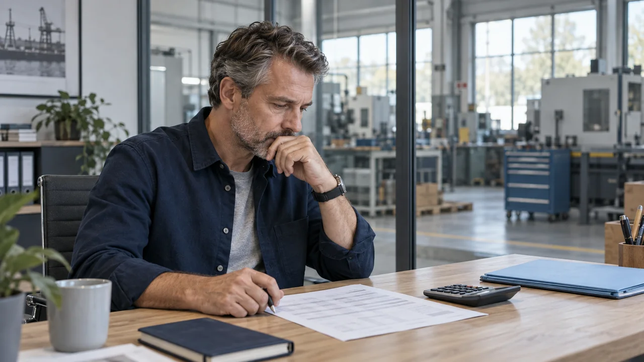Betriebsleiter kalkuliert laufende Kosten am Schreibtisch vor einer ruhenden Werkstatt.
