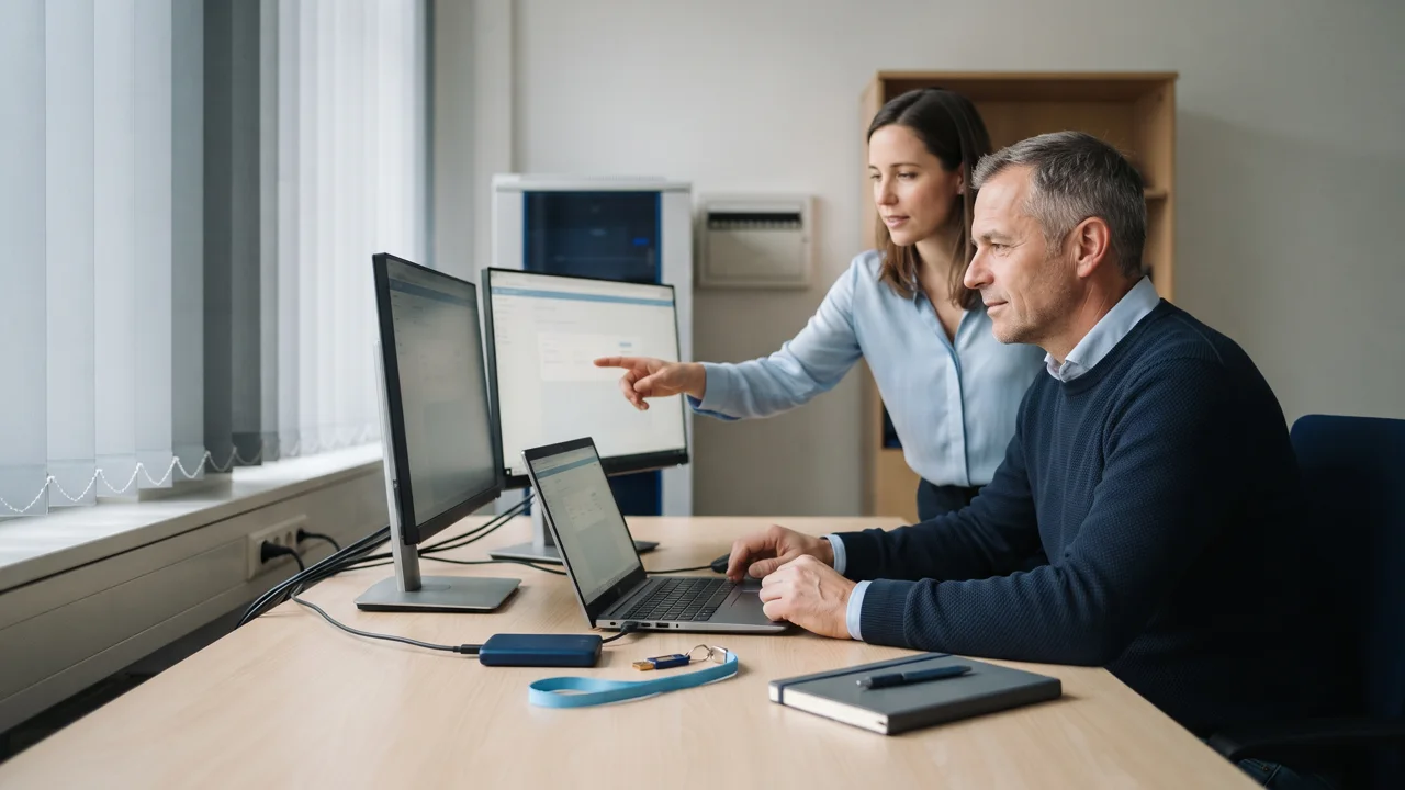 Geschäftsinhaber und IT-Beraterin prüfen am Schreibtisch die Absicherung der Firmen-IT.