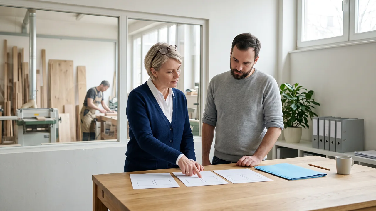 Inhaberin einer Hamburger Tischlerei bespricht mit ihrem Büroleiter im Werkstattbüro an einem Holztisch mehrere ausgebreitete Unterlagen zur betrieblichen Altersvorsorge, hinter einer Glaswand liegt die Werkstatt.