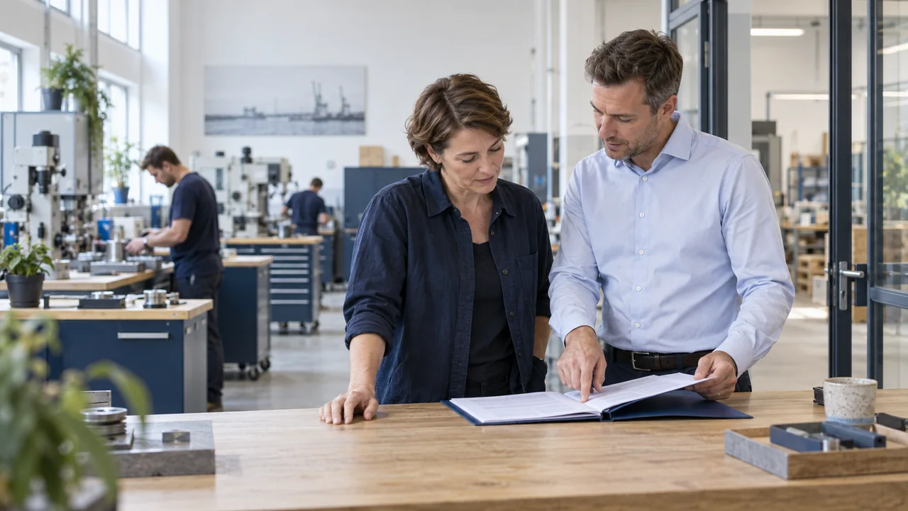 Unternehmerin und Berater besprechen Unterlagen in einer hellen Werkhalle.